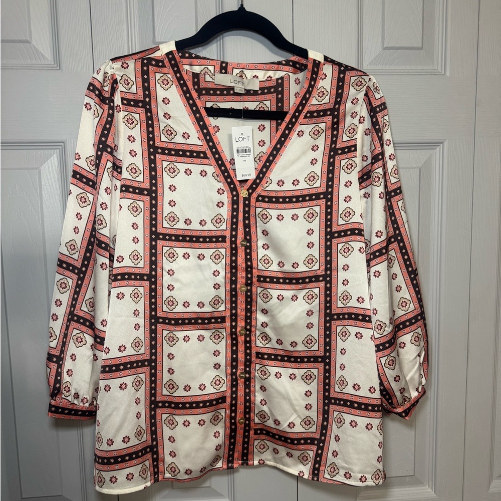 LOFT Women's Blouse with Pink and Black Geometric Design